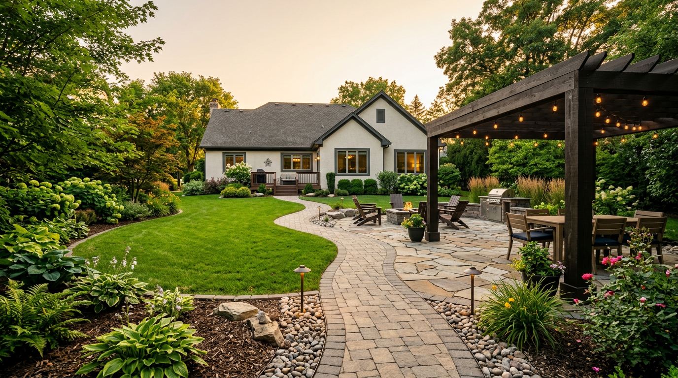 Finished backyard patio and garden at golden hour
