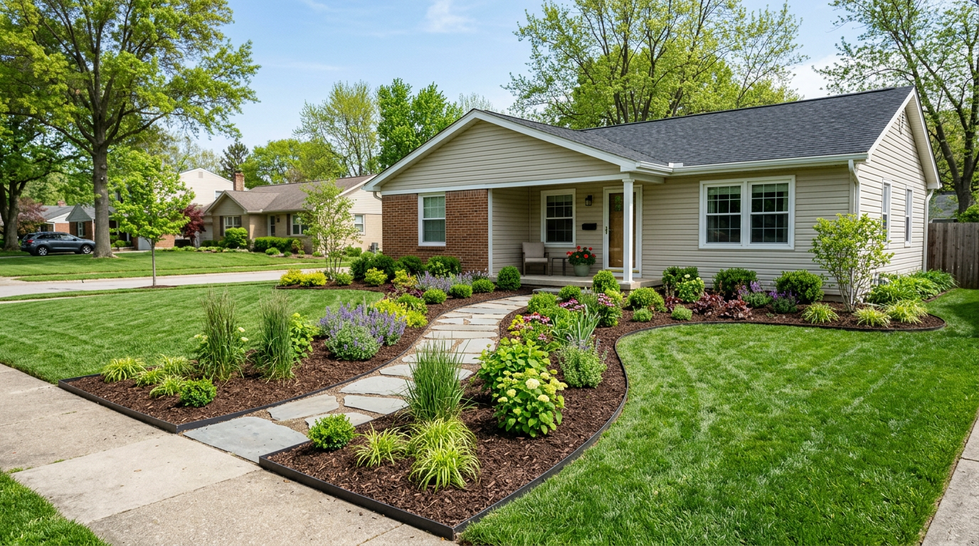 Fresh landscaping and garden beds at a suburban home