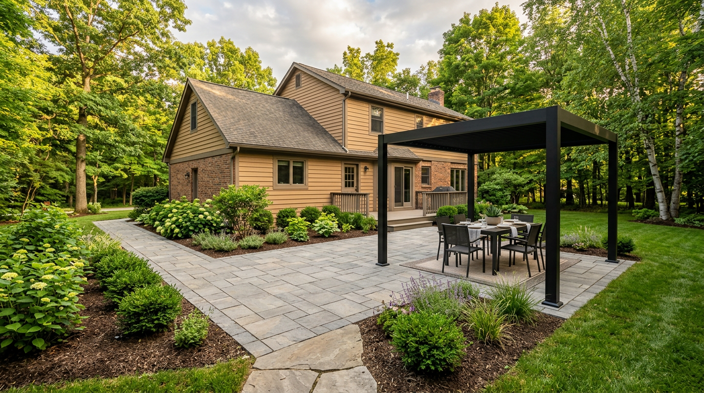 Finished paver patio framed by green garden beds