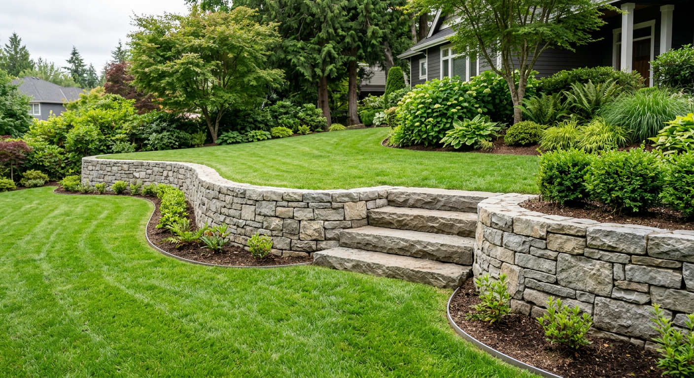 Curved stone retaining wall with integrated steps on a landscaped slope