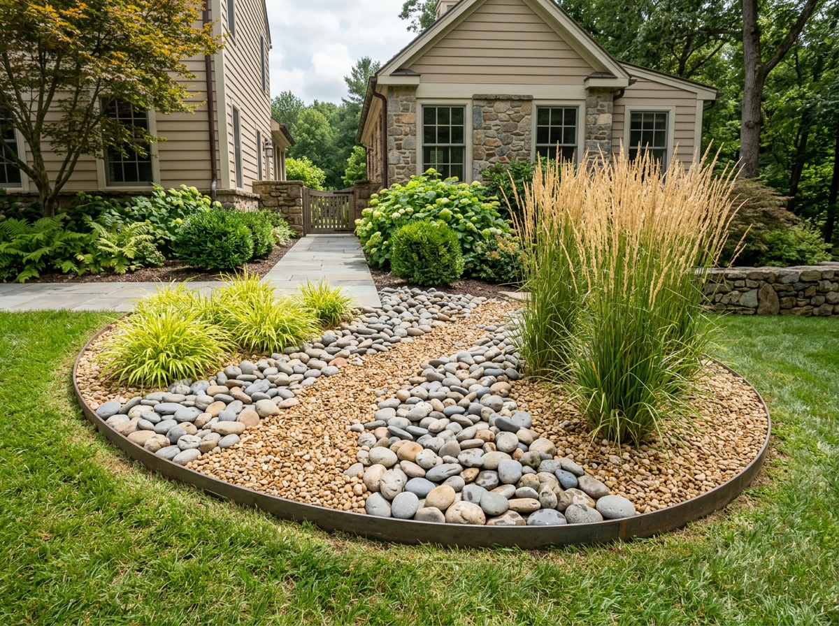Decorative river rock and gravel freshly spread in a garden bed