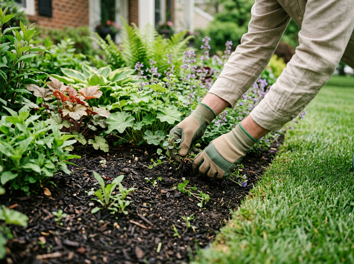 Gloved hands removing weeds from a residential flower bed