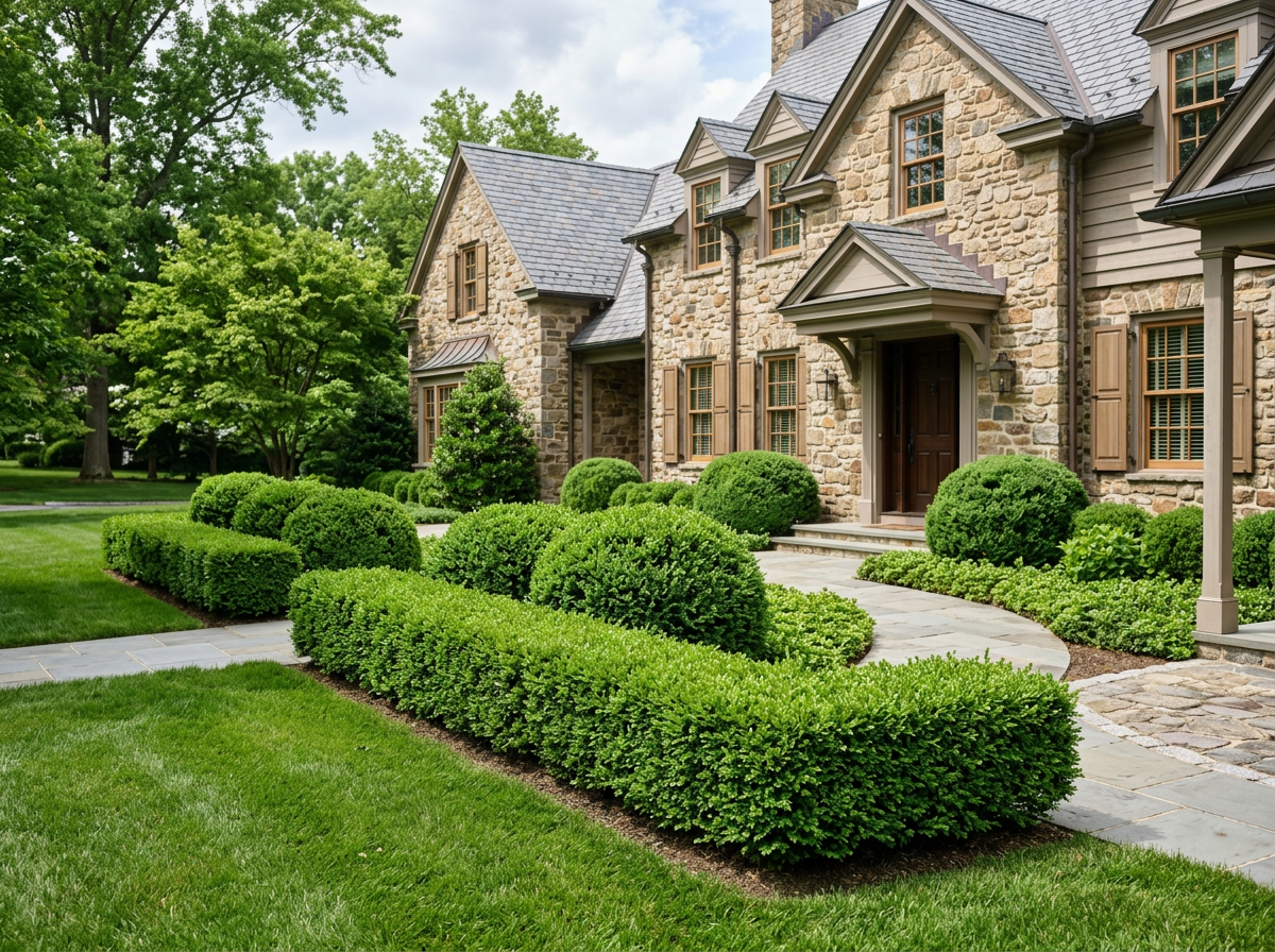 Neatly shaped hedges and trimmed shrubs at a residential home
