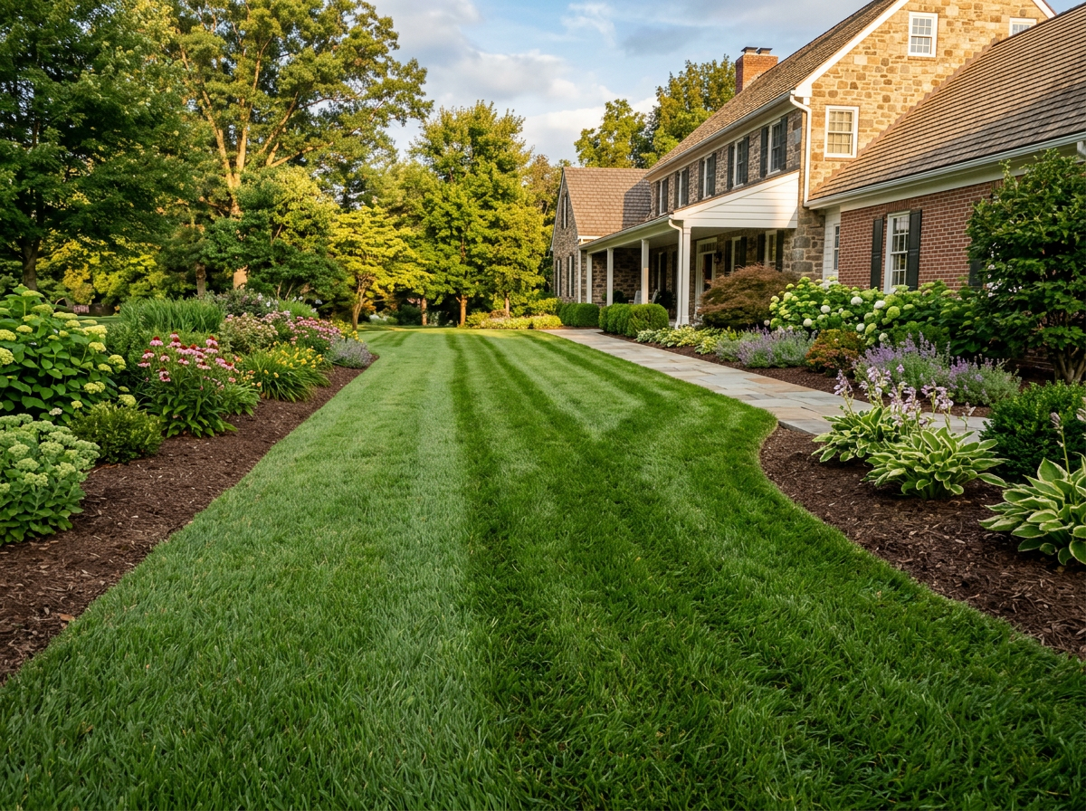 Freshly mowed residential lawn with neat mowing stripes
