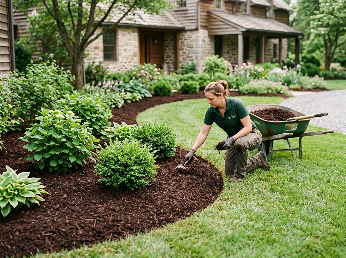 Fresh dark mulch being spread in a residential garden bed
