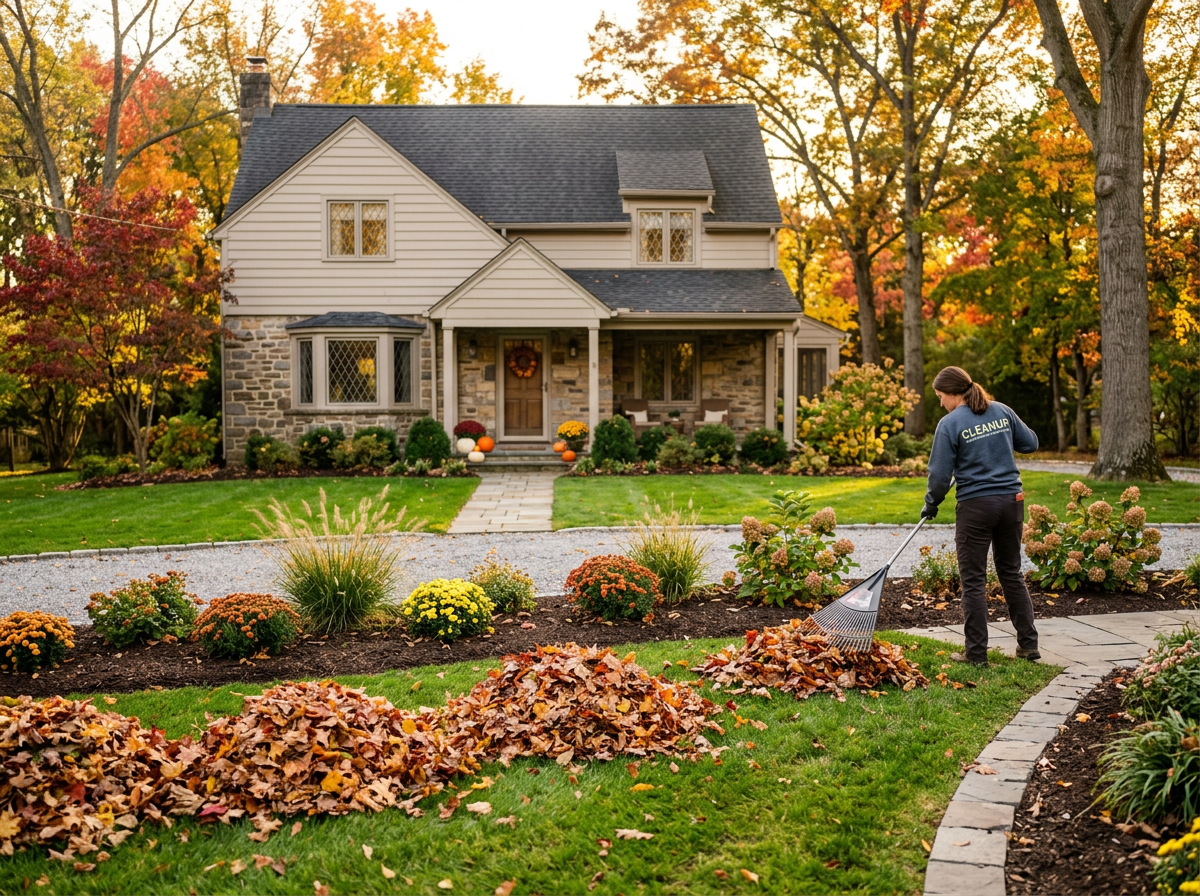 Autumn lawn with fallen leaves gathered for seasonal cleanup