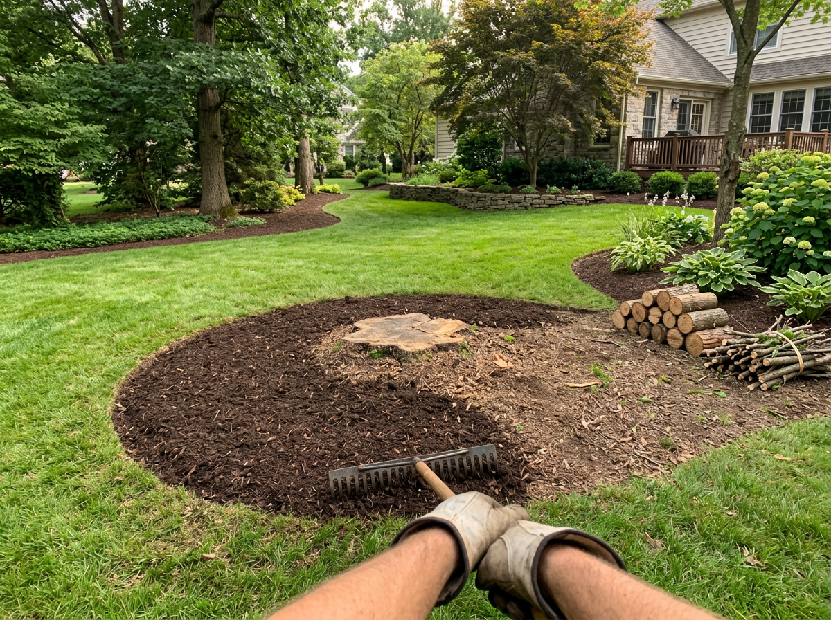 Landscaper clearing and leveling a residential yard after stump removal
