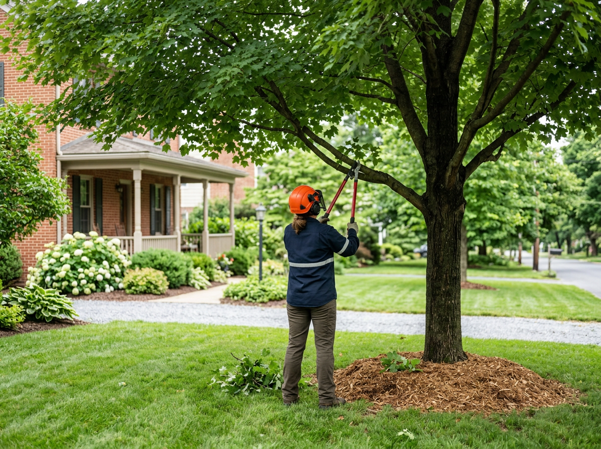 Landscaper safely pruning a low branch from a mature yard tree