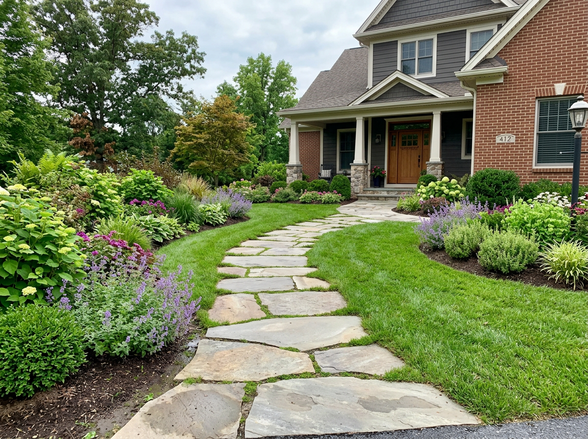 New flagstone stepping-stone path winding through a garden